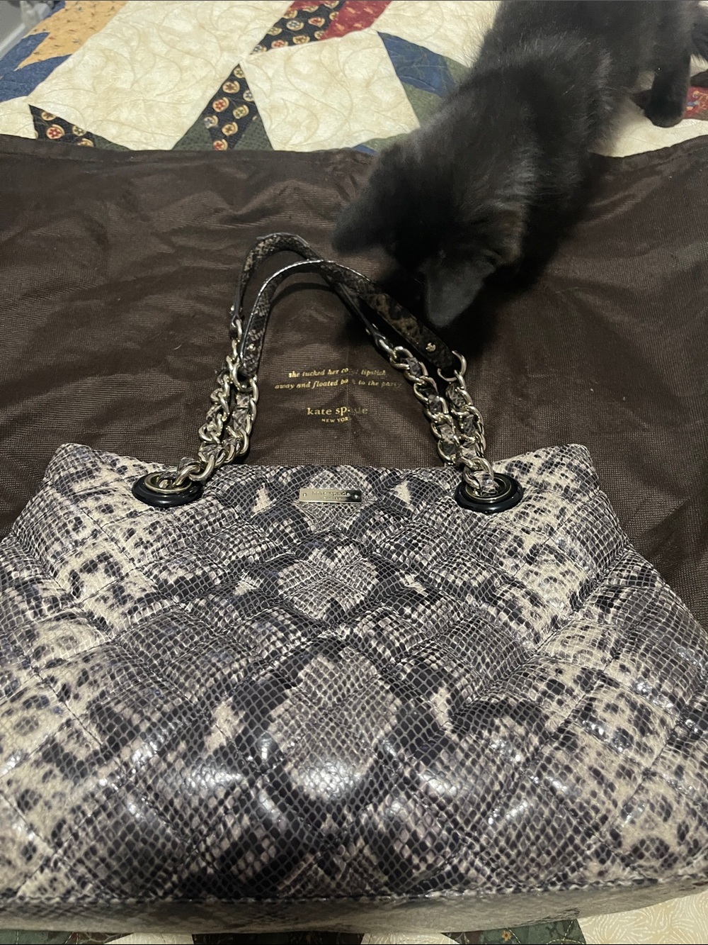 kate spade Black and Cream Snake-Print Quilted Tote